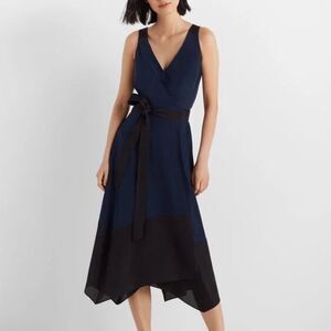 NEW Club Monaco 100% Silk Colorblock Blue Black Sleeveless Midi Wrap Dress 6